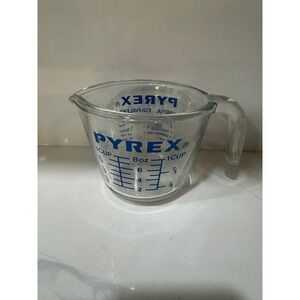 Vintage PYREX 1 Cup Glass Measuring Cup Metric / Ounces BLUE Letters USA